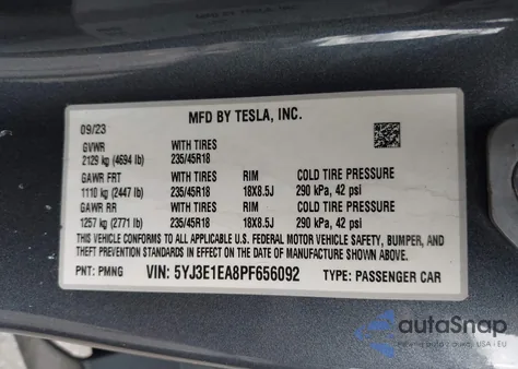2023 Tesla Model 3 Rear-Wheel Drive from USA, damaged, VIN 5YJ3E1EA8PF656092